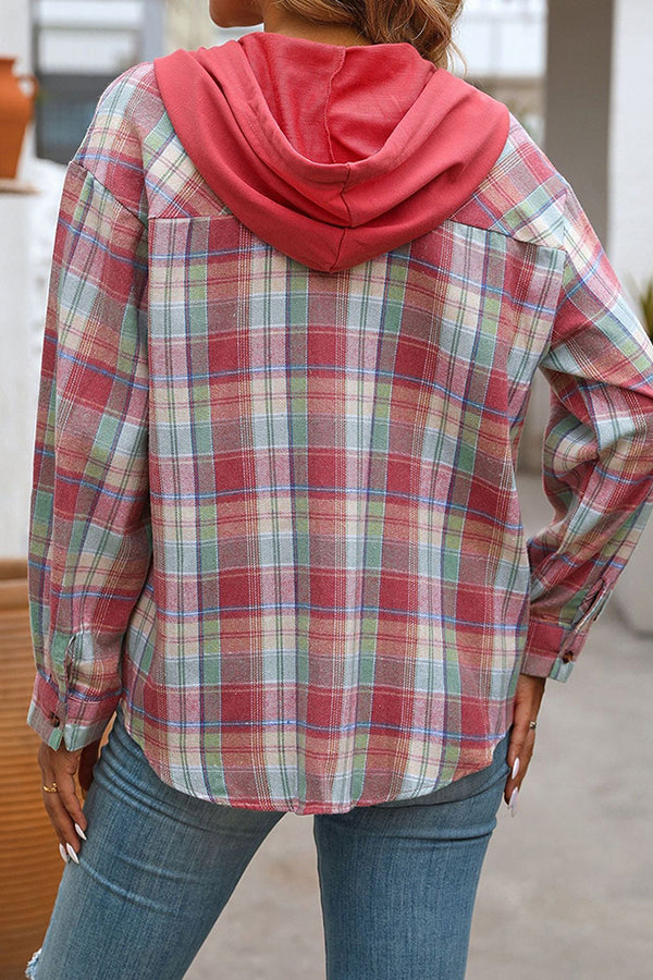Hooded Pocket Detail Button Down Plaid Top - Blouses & Shirts from Cindelily