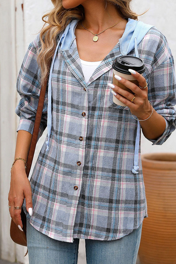 Hooded Pocket Detail Button Down Plaid Top - Blouses & Shirts from Cindelily
