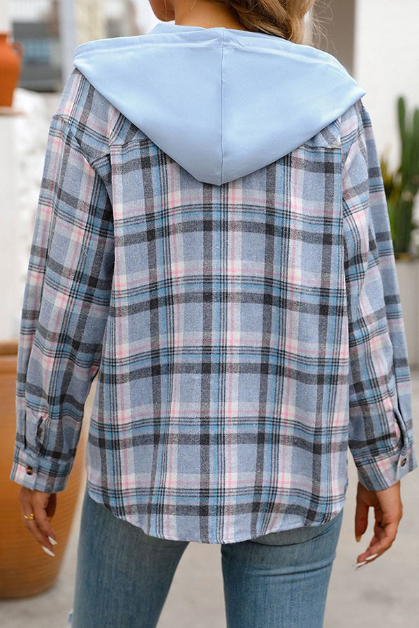Hooded Pocket Detail Button Down Plaid Top - Blouses & Shirts from Cindelily