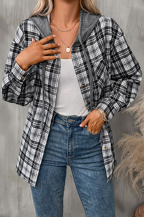 Hooded Pocket Detail Button Down Plaid Top - Blouses & Shirts from Cindelily