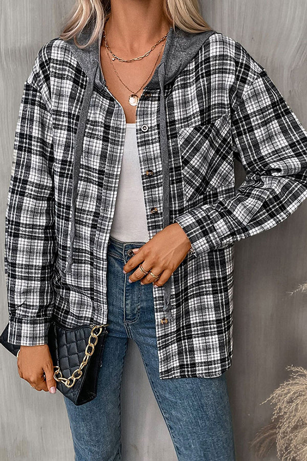 Hooded Pocket Detail Button Down Plaid Top - Blouses & Shirts from Cindelily