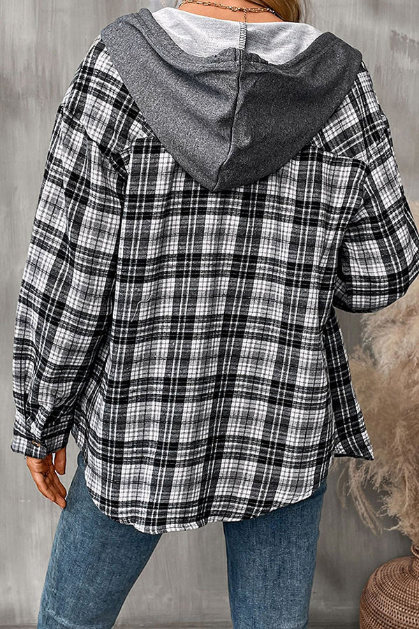 Hooded Pocket Detail Button Down Plaid Top - Blouses & Shirts from Cindelily