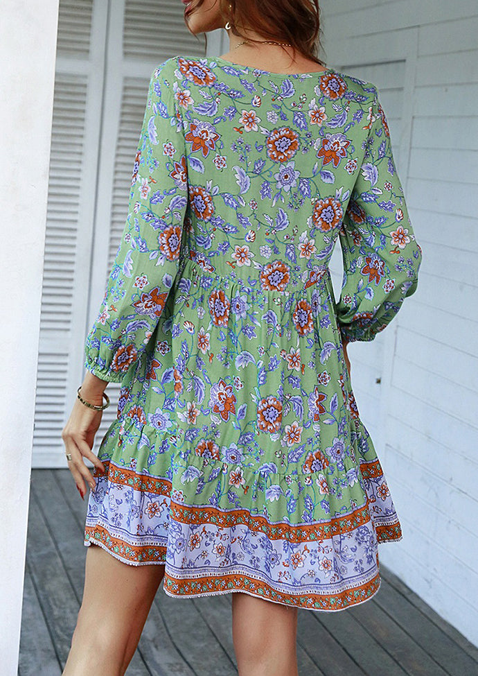 Button Detail Print Boho Mini Dress