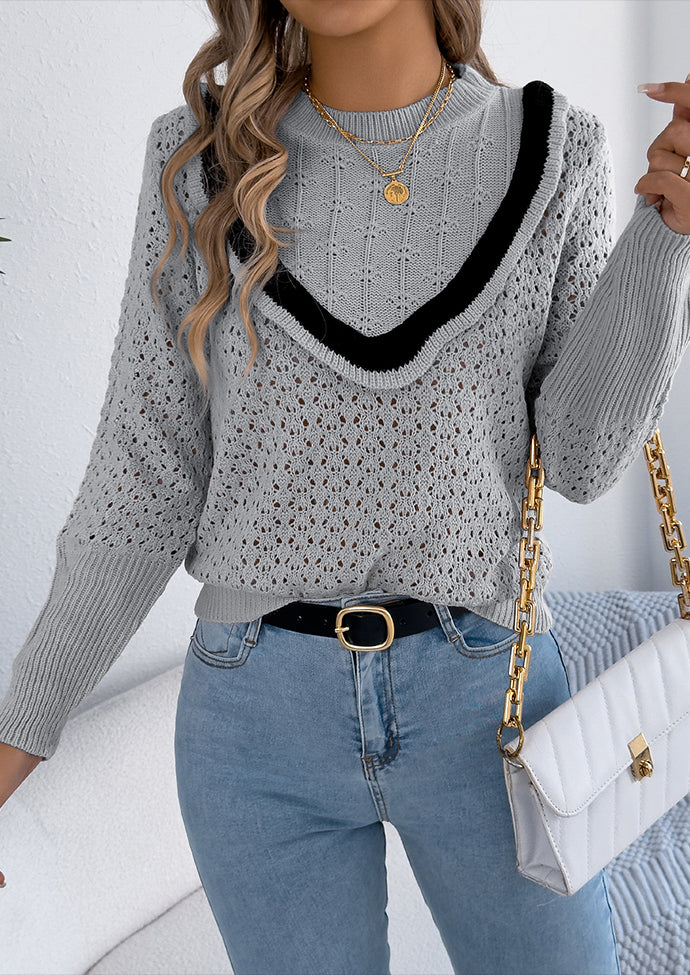 Jacquard Ruffle Crew Neck Knitted Sweater