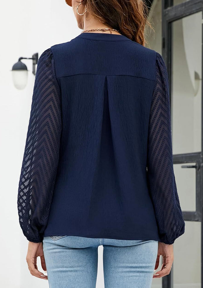 V Neck Lace Sleeve Patchwork Chiffon Blouse