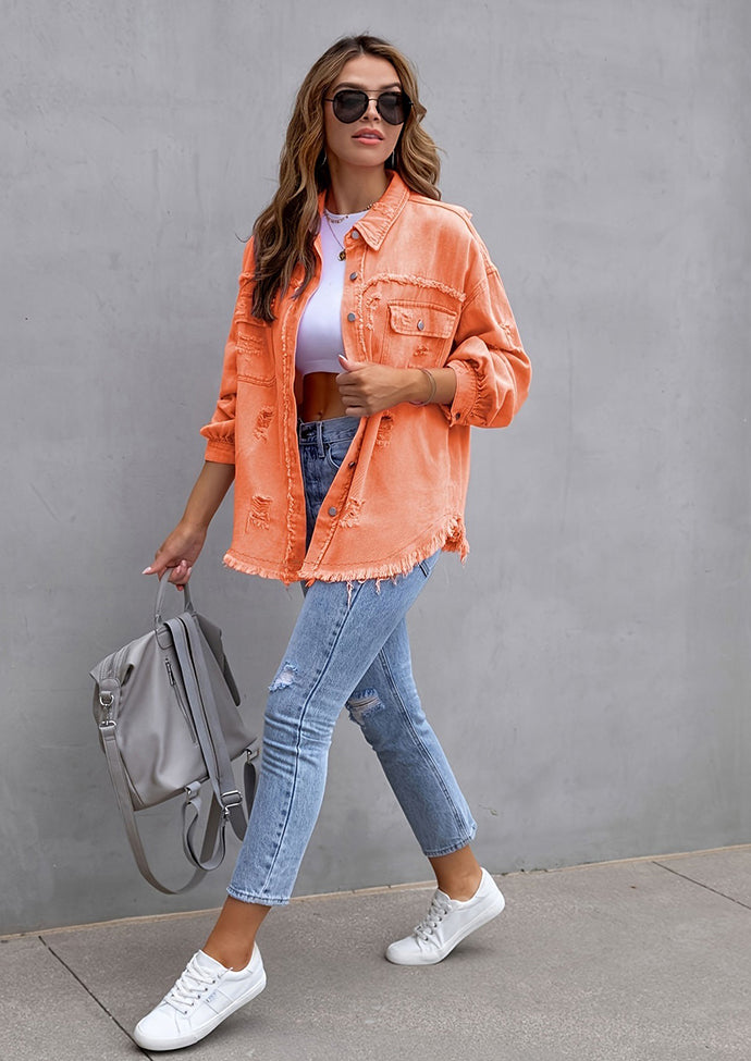 Raw Hem Distressed Button Up Denim Jacket
