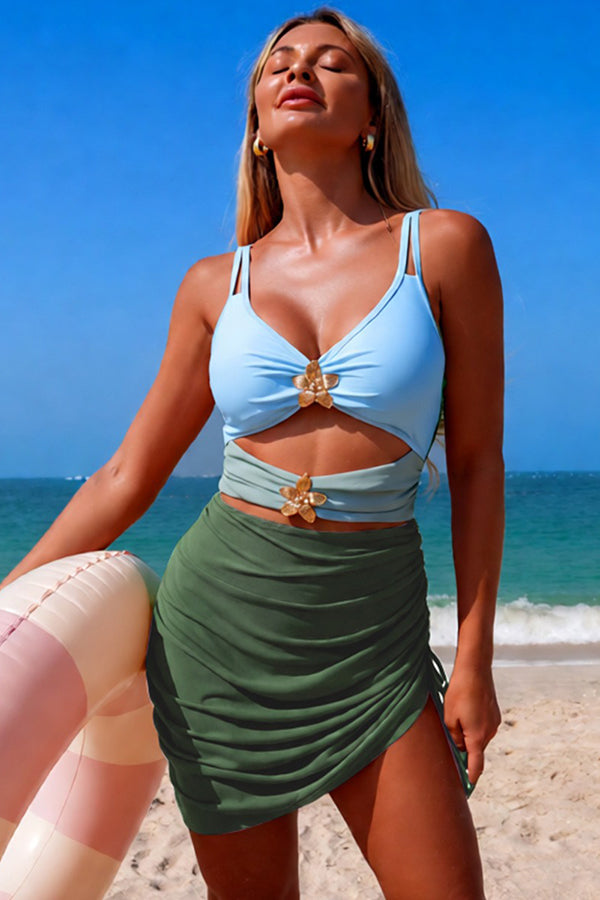 Cutout Top & Ruched Skirt Two-Piece Set Olive green - Swimwear from Cindelily