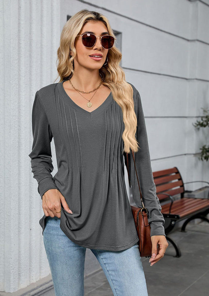 V Neck Pleated Long Sleeve Casual Tunic