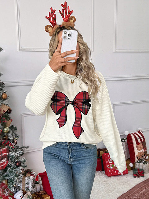 Christmas Gingham Bow Embroidered Crew Neck Sweater