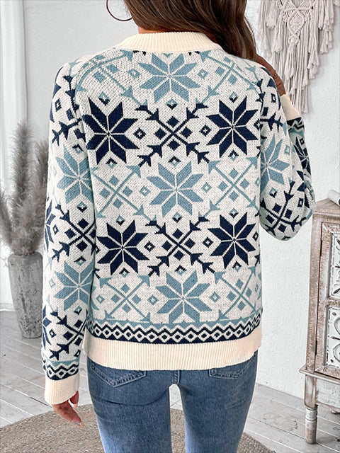 Crew Neck Snowflake Pattern Knitted Sweater