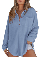 Waffle Knitted Button Up Blouse