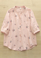 Split Neck Floral Print Half Sleeve Cotton Shirt