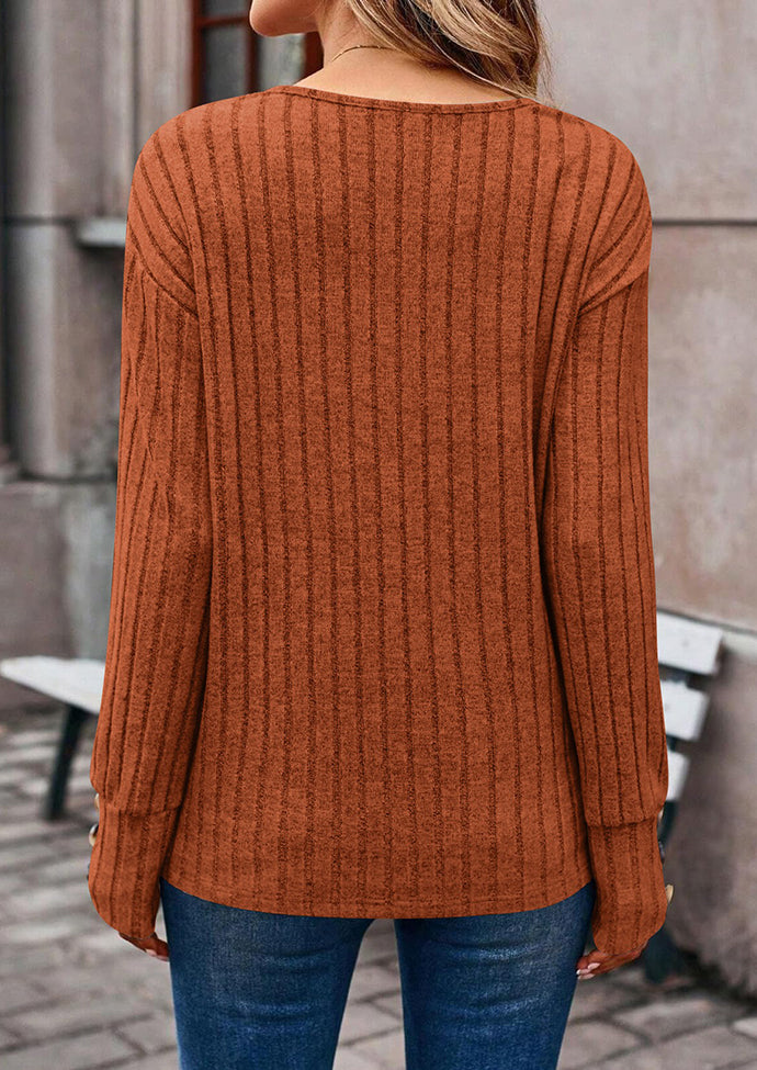 V Neck Button Detail Textued Casual T-shirt