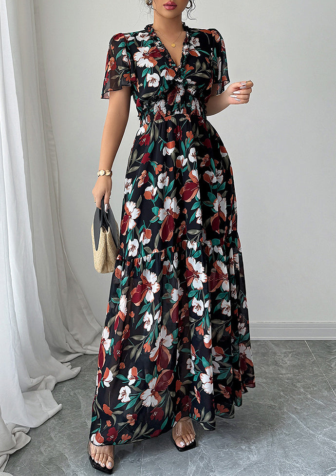 Ruffled Floral Print Smocked Maxi Dress