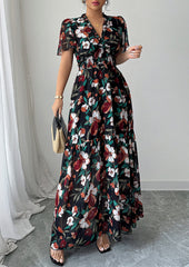 Ruffled Floral Print Smocked Maxi Dress