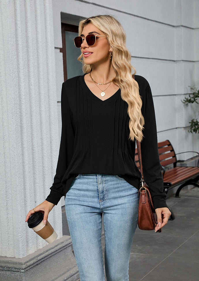 V Neck Pleated Long Sleeve Casual Tunic
