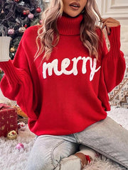 Christmas Jacquard Turtleneck Bat Sleeve Sweater