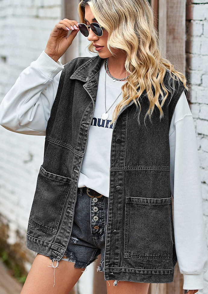 Washed Denim Button Up Casual Vest