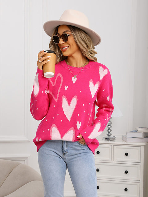 Heart Jacquard Knitted Crew Neck Sweater