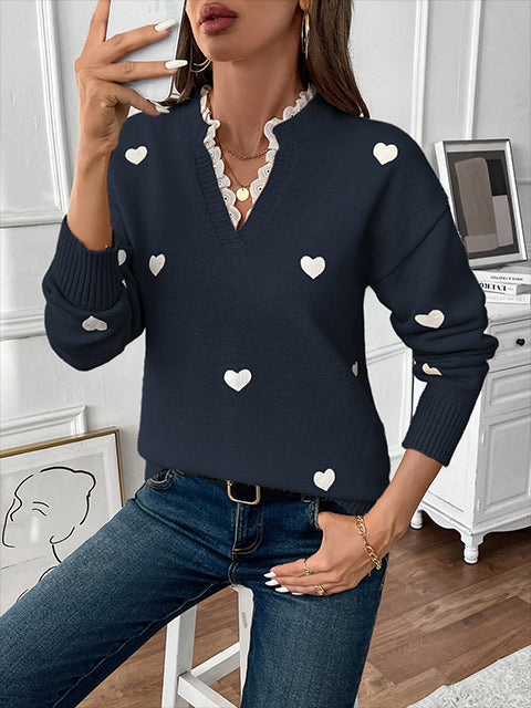 V Neck Lace Splicing Heart Jacquard Sweater