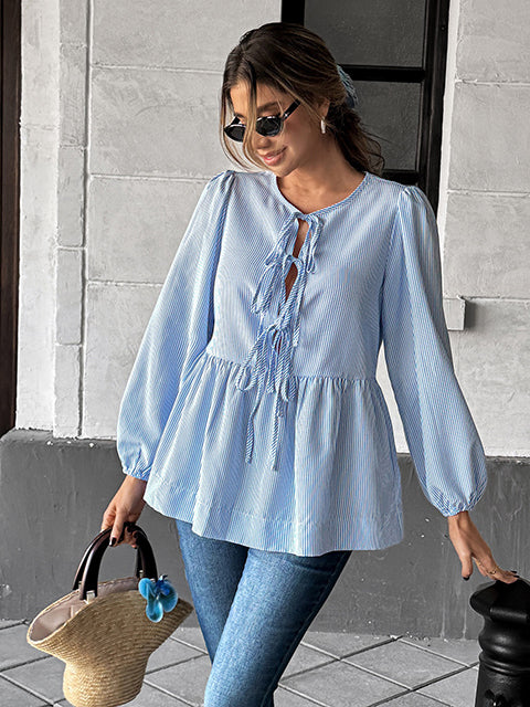 Bow Knotted Long Sleeve Stripe Blouse