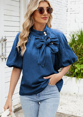Button Detail Tie Bow Denim Half Sleeve Blouse