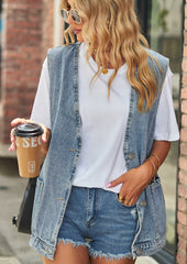 V Neck Button Up Denim Vest with Pockets
