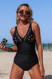 One-Piece Swimsuit with Laser-Cut Floral Cutouts Black - Swimwear from Cindelily