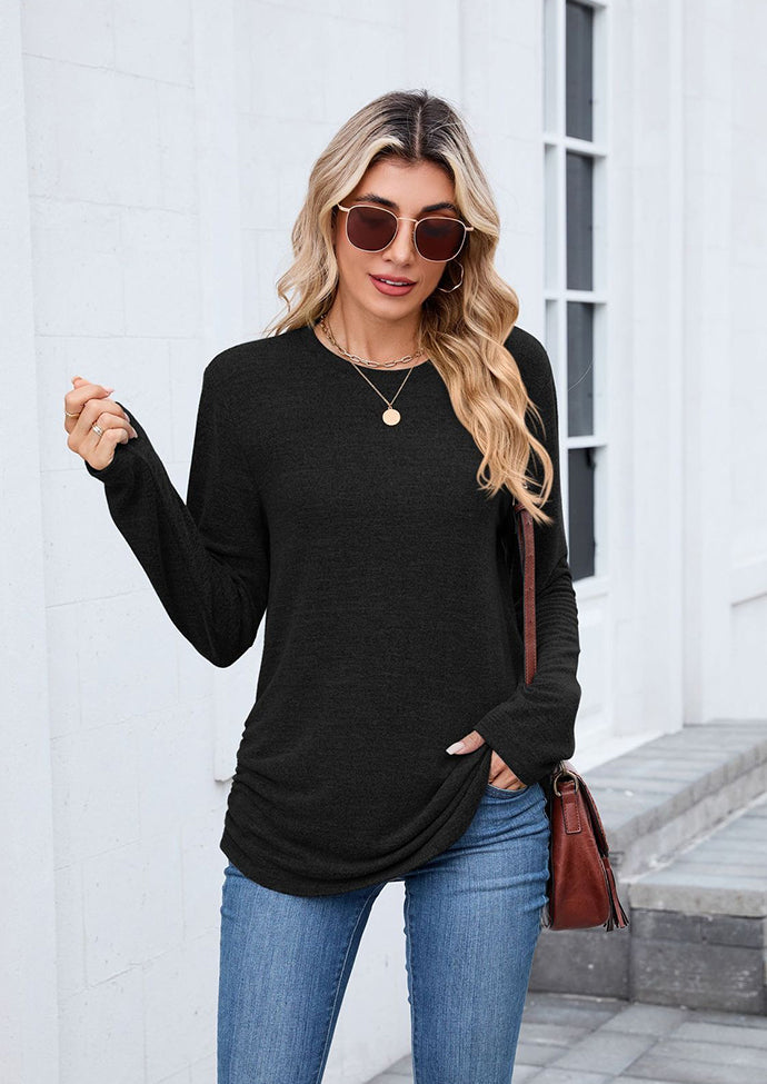Side Pleated Crew Neck Long Sleeve T-shirt