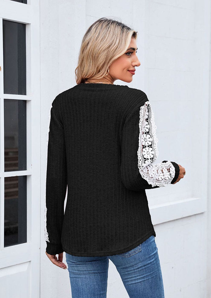 Lace Inset V Neck Long Sleeve T-shirt