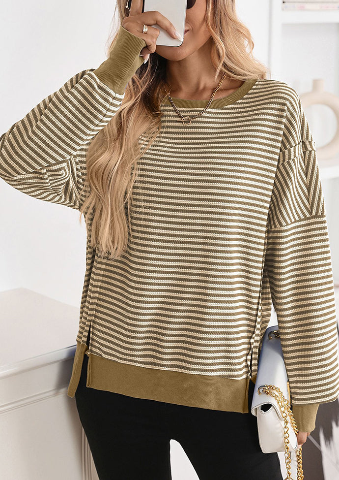Side Split Striped Crew Neck Sweatshirt