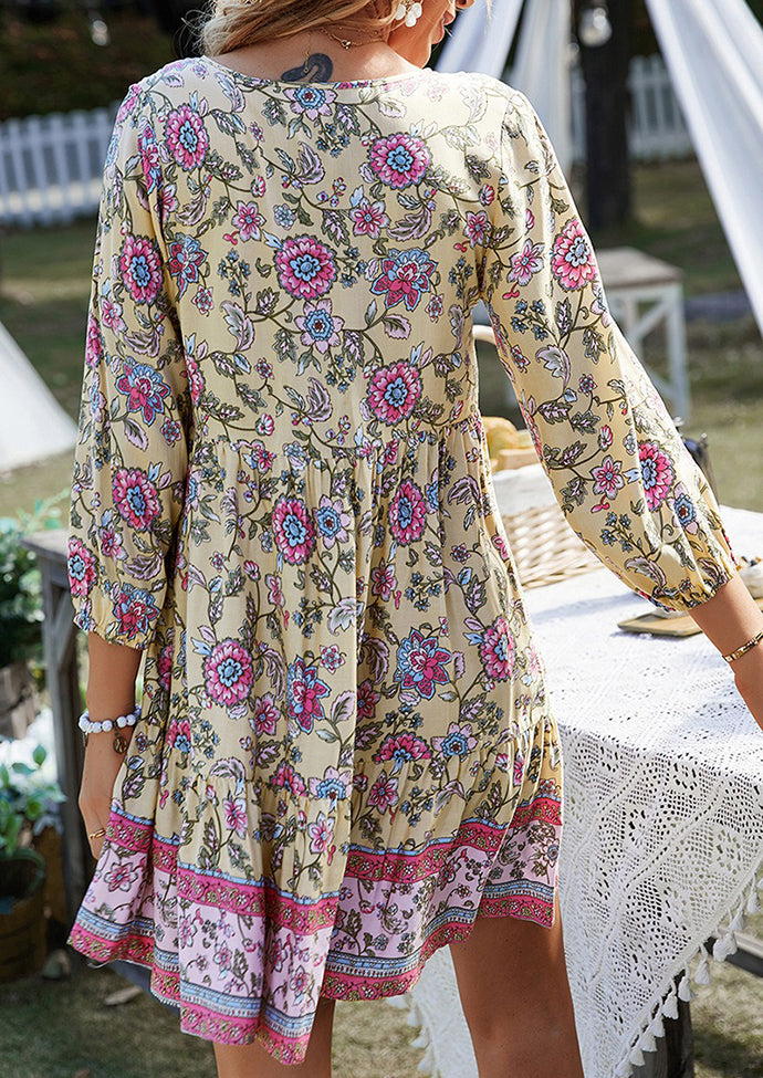 Button Detail Print Boho Mini Dress