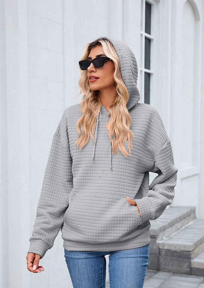 Textured Tie Front Pocket Detail Casual Hoodie