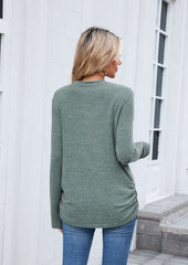 Side Pleated Crew Neck Long Sleeve T-shirt