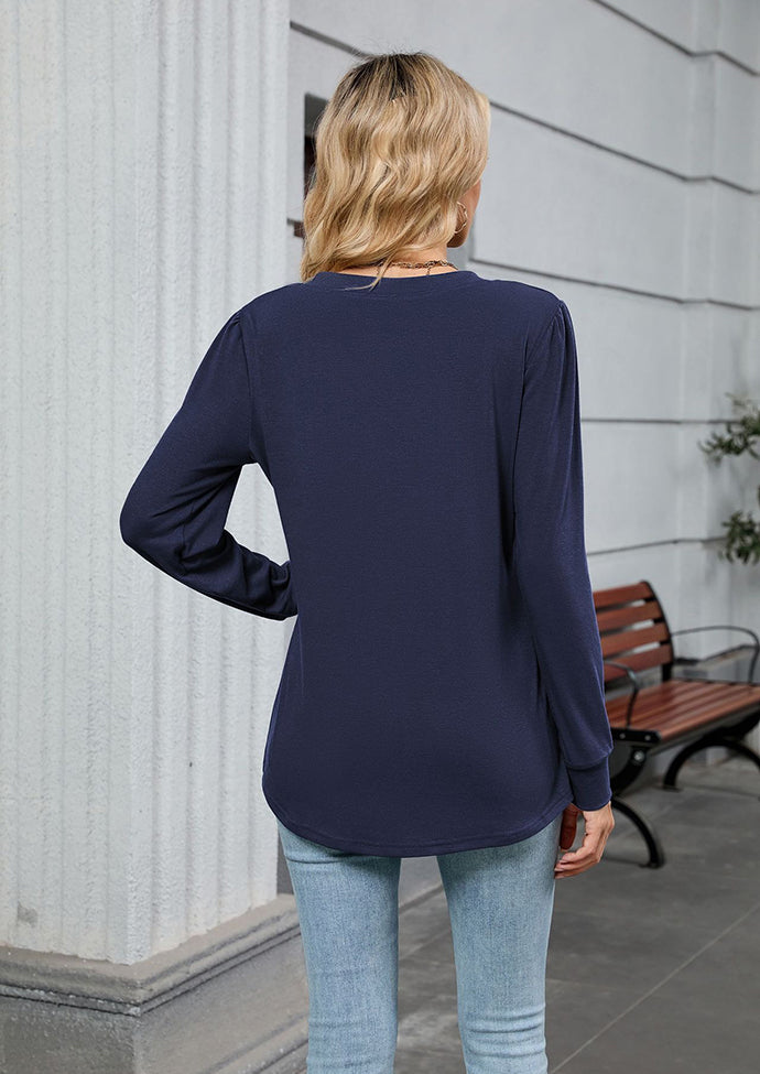 V Neck Pleated Long Sleeve Casual Tunic