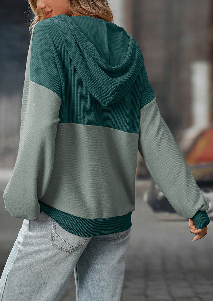 Color Block Tie Detail Button Up Hooded Sweatshirt