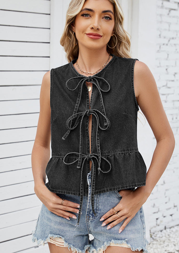 Ruffle Hem Tie Front Denim Vest Top