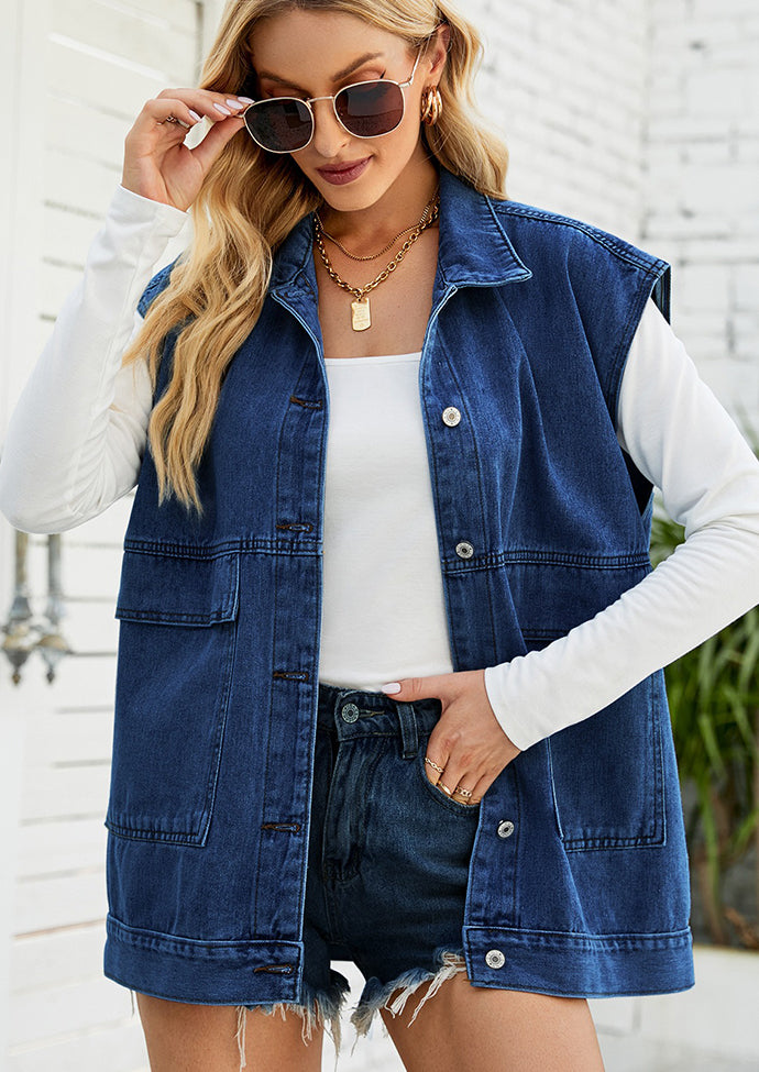 Button Up Denim Vest with Pockets