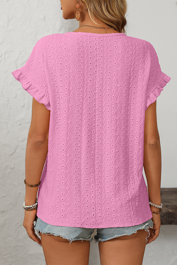 Eyelet Embroidery Ruffled Flutter-Sleeve Blouse - Blouses & Shirts from Cindelily