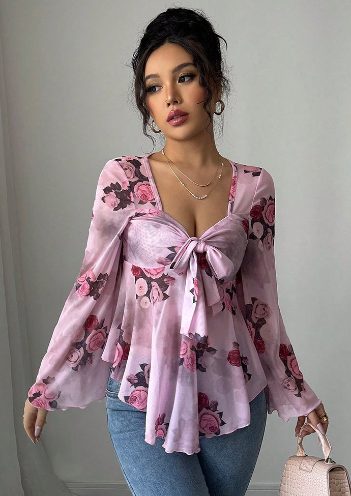 Floral Print Tie Bow Long Sleeve Top
