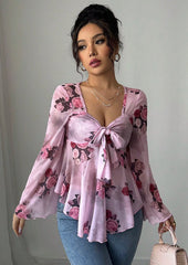 Floral Print Tie Bow Long Sleeve Top