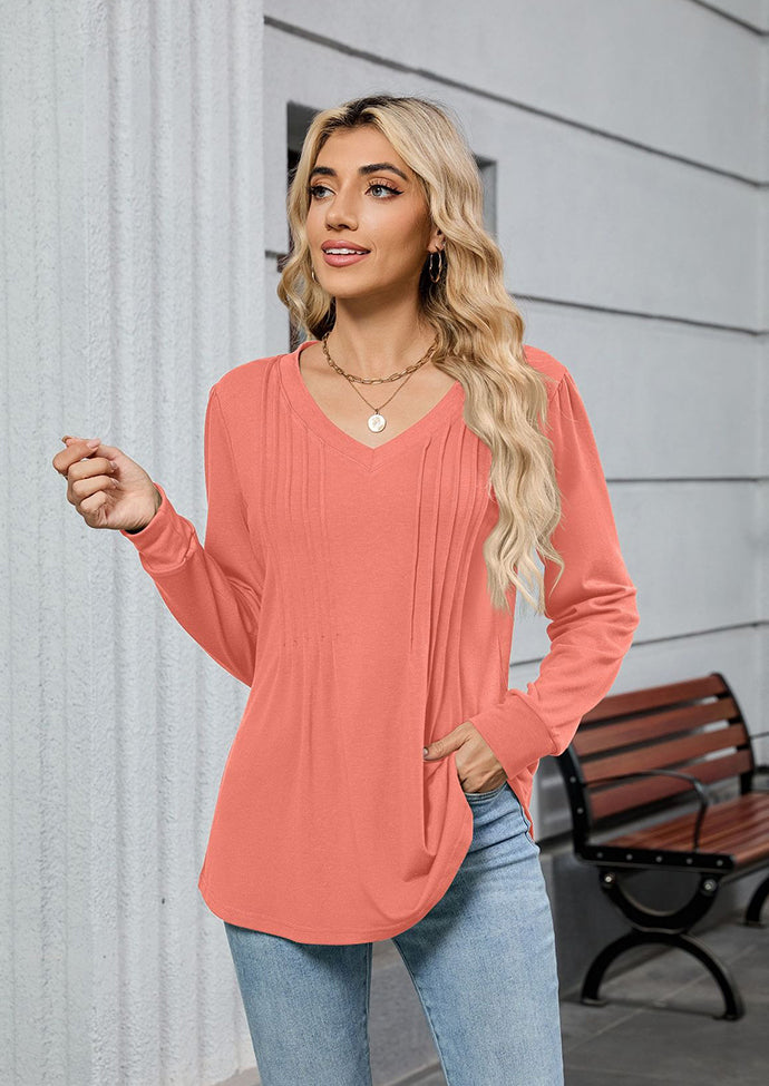 V Neck Pleated Long Sleeve Casual Tunic