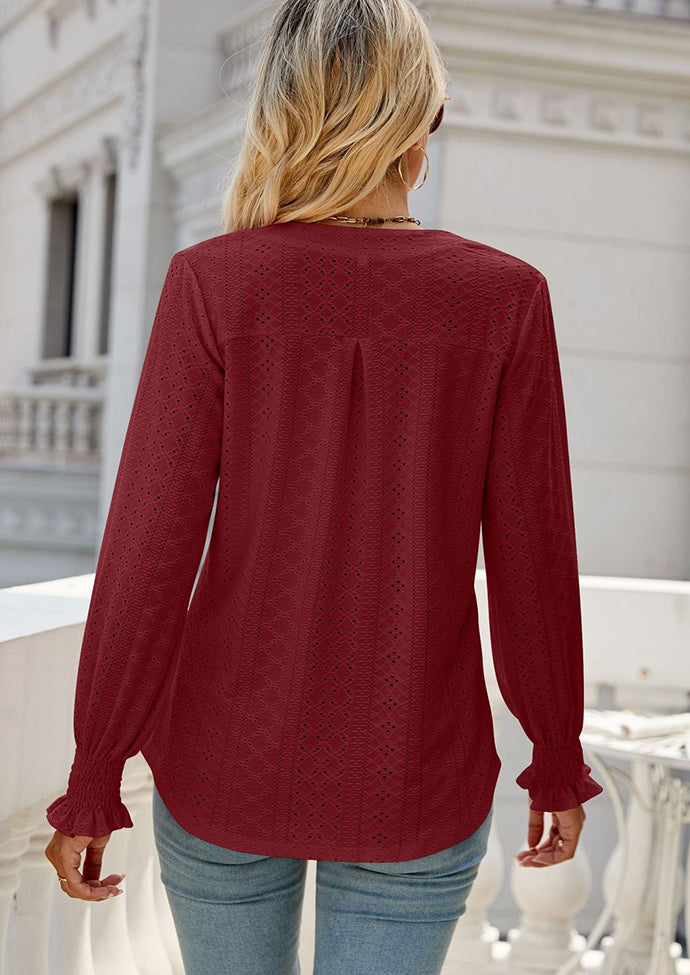 Jacquard V Neck Smocked Cuff Blouse