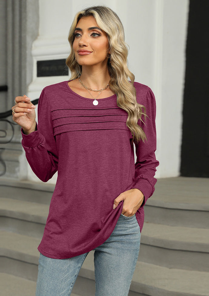 Solid Pleated Long Sleeve Casual T-shirt