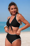 Halter Tie-front Shell-Embroidered Trim Bikini - Swimwear from Cindelily