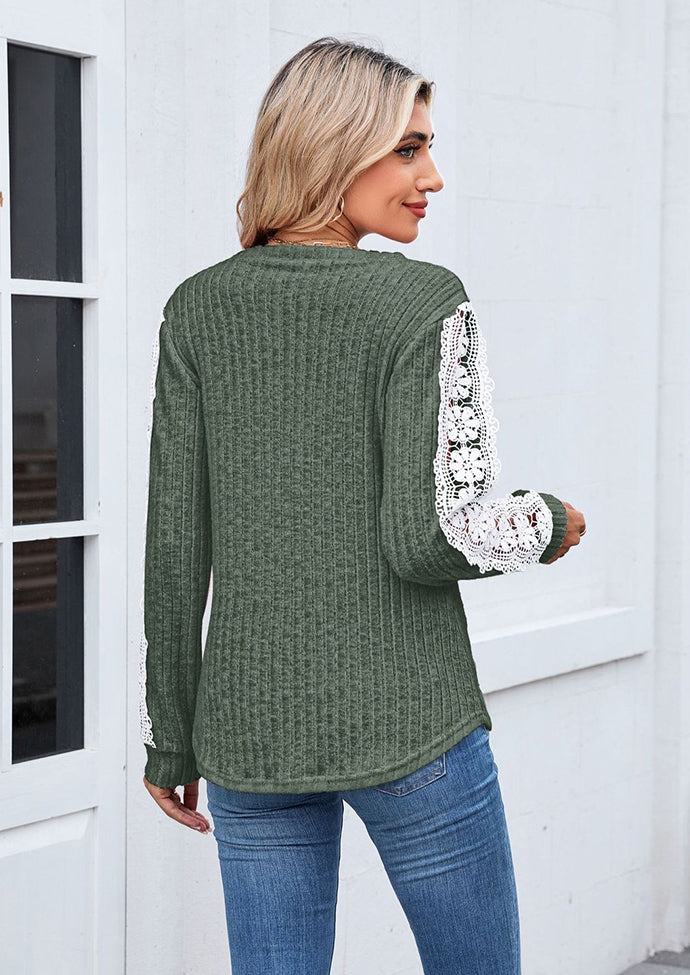 Lace Inset V Neck Long Sleeve T-shirt