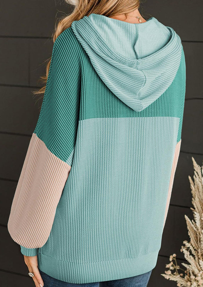Tie Detail Textured Color Block Casual Hoodie