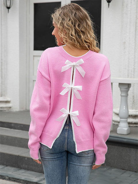 Bow Tie Detail Crew Neck Knitted Sweater
