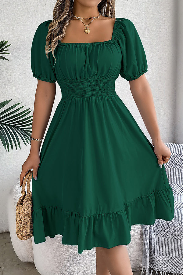 Smocked-Waist Ruffled Hem Midi Dress Green - Dresses from Cindelily