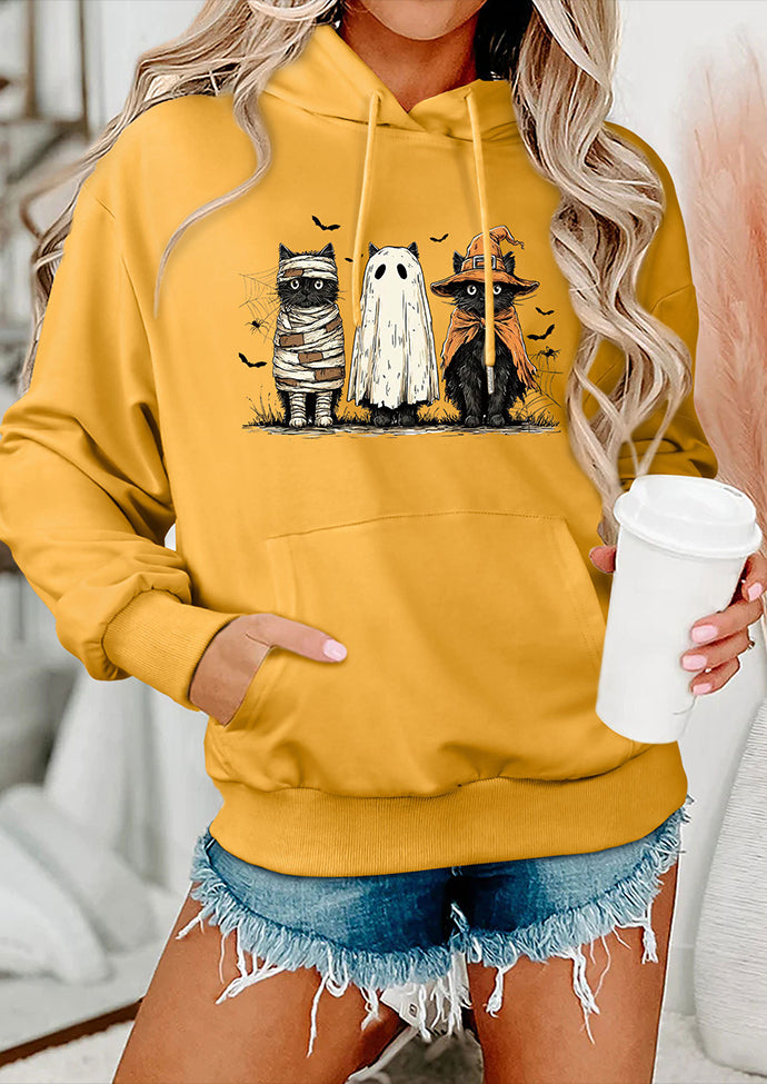 Spooky Cat Print Hooded Casual Sweatshirt